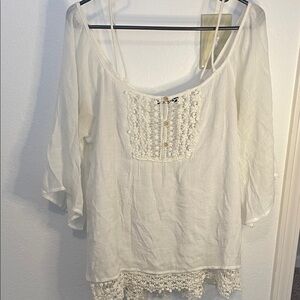 Boho Crochet-Trim Peasant Top - White